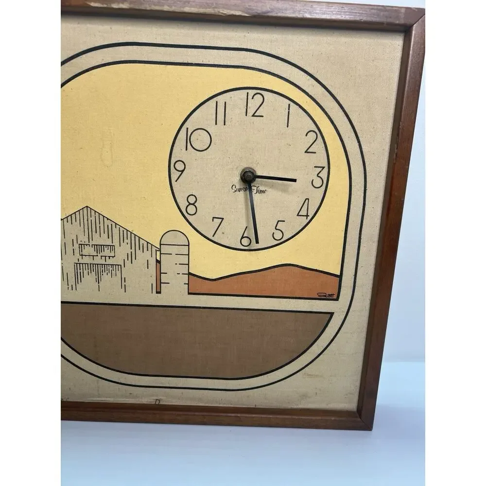Vintage Mid-Century Modern “Sunset Time” Wall Clock Farm Scene Wood Frame